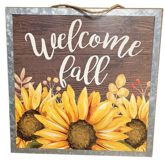 Welcome Fall Sunflower Hanging Sign 11x11 Galvanized Metal Trim Wood Sign Decor - Picture 2 of 9